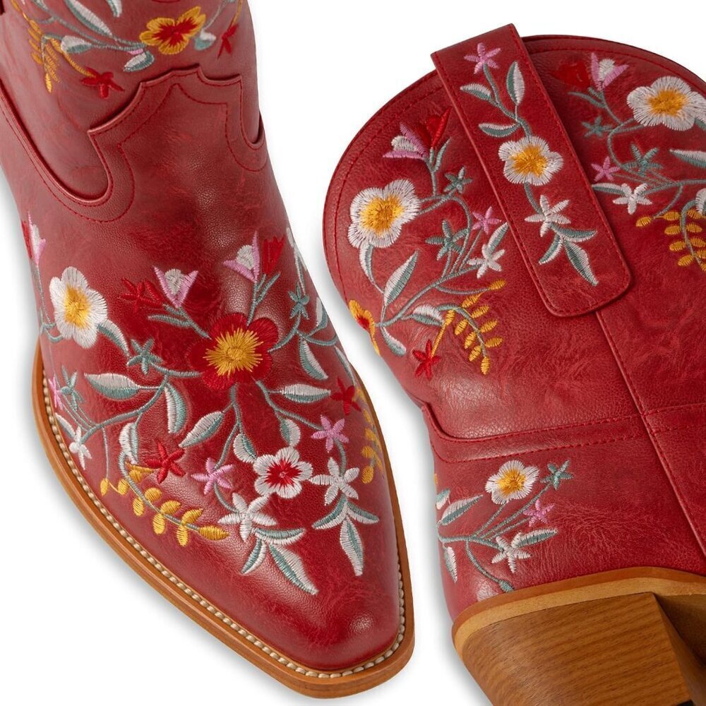 Women's Chunky Heel Ankle Snip Square Toe Flower Embroidered Western Red Boot - Picture 7 of 8